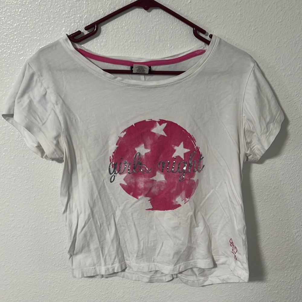 Joe Boxer women’s large pink and white cropped graphic tee